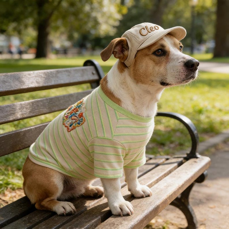 May include: A dog wearing a beige baseball cap with "Cleo" embroidered on it and a light green and white striped shirt with a floral design. The dog is sitting on a wooden bench in a park.