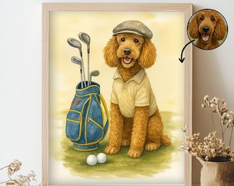Aangepaste golfhondportret, gepersonaliseerd huisdierschilderij met golftas, grappig hondenkunstcadeau voor golfliefhebbers, hondenkunst aan de muur voor golfer vader