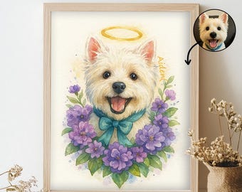 Custom Watercolor Pet Portrait with Name, Flowers, and Angel Halo – Pet Memorial Art, Dog or Cat Remembrance Gift