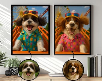 Custom Dog Portrait Roller Coaster Art, Funny Pet Wall Decor, Personalized Dog Print with Hawaiian Shirt, Unique Pet Lover Gift