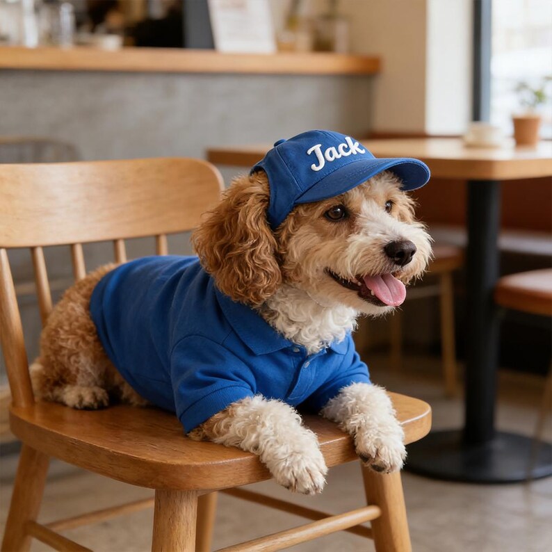 May include: A dog wearing a blue polo shirt and a matching blue baseball cap with the name "Jack" embroidered on the front. The dog is sitting on a wooden chair, with a cafe setting in the background.