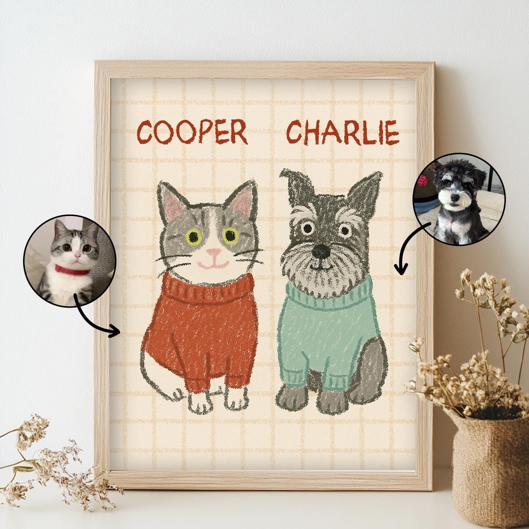 Custom Cat Portrait Cute Cat Poster Personalized Badly Drawn Pet Art ...