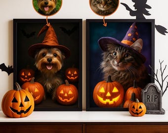 Ritratto personalizzato di animali domestici per Halloween, stampa artistica da parete per cani e gatti, divertente decorazione spettrale, opera d'arte con zucca in costume da fantasma, regalo unico per gli amanti degli animali.