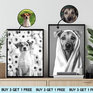 Ritratto personalizzato di un animale domestico, divertente arte da bagno, cane che legge il giornale sul water, arte murale con cane, cane nel water, animale domestico nella vasca da bagno, regalo personalizzato per animali domestici