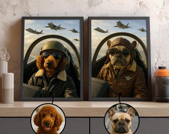 Custom Pet Pilot Portrait, Dog Cat Air Force Poster, Aviator Wall Art, Military Pet Memorial Gift, Personalized Airplane Dog Painting