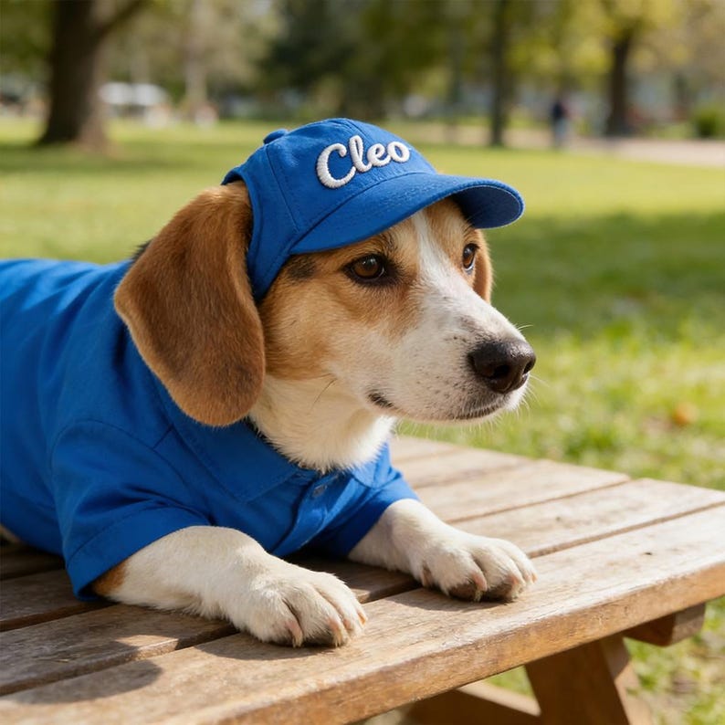 May include: A dog wearing a blue baseball cap with the name "Cleo" embroidered on the front, and a matching blue polo shirt. The dog is lying on a wooden bench outdoors.