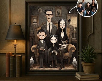 Custom Gothic Family Portrait, Addams Family Style Halloween Illustration, Personalized Spooky Couple & Pet Wall Art
