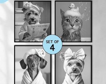 Pet Bathroom Art,Custom Pet Portraits,Dog Reading Newspaper on Toilet,Bathroom Wall Art Decor Prints,Dog In Toilet,Pet in Bathtub,Pet Gifts