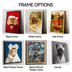 a collection of six different framed artworks, each featuring a unique subject and frame style. The artworks include a dog in a Santa hat, a dog in a bathtub, a football player, a baby with a bow, a painting of a dog, and a black and white portrait of a dog. The artworks are presented in various frame options, such as black, white, oak, and canvas, showcasing the versatility of the framed artworks.