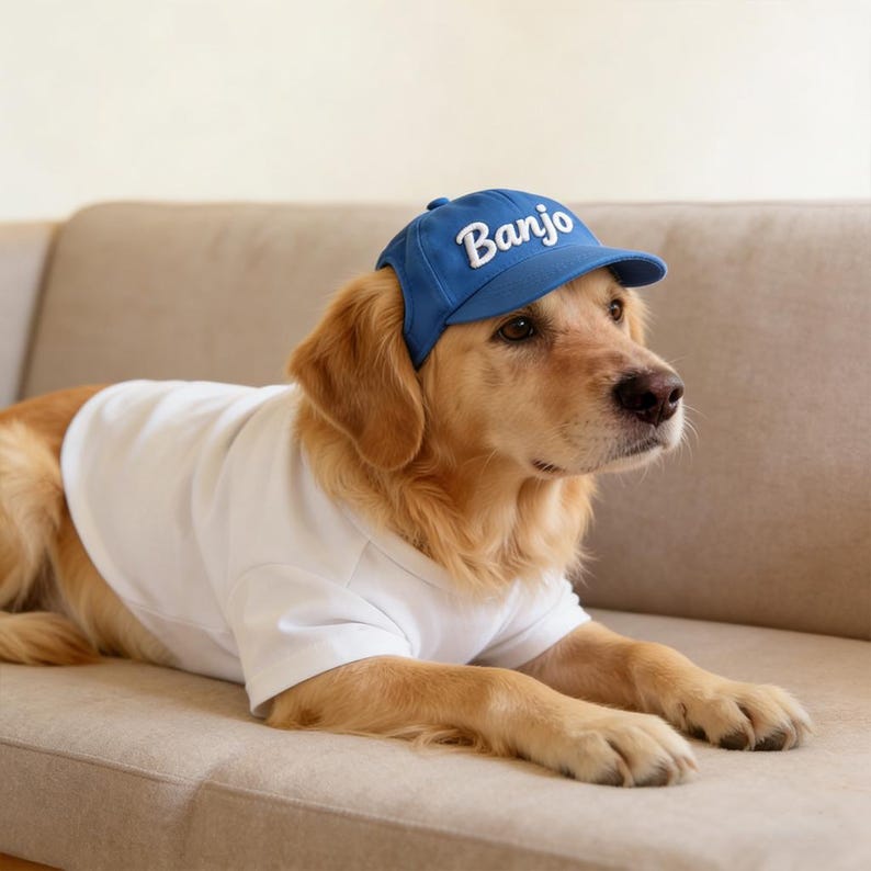 May include: A golden retriever wearing a blue baseball cap with the name "Banjo" embroidered in white script. The dog is also wearing a white t-shirt and is resting on a beige couch.