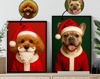 Ritratti di animali domestici a Natale, opere d'arte personalizzate di Babbo Natale, regali di Natale per gli amanti degli animali, opere d'arte personalizzate uniche, decorazioni natalizie per cani