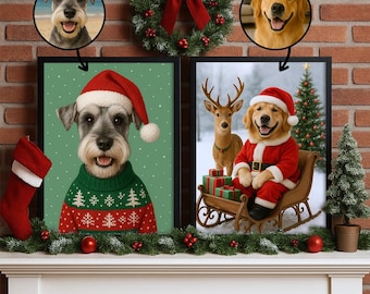 Custom Christmas Pet Portrait, Dog or Cat Holiday Wall Art, Funny Santa Outfit, Christmas Gift for Pet Lovers, Festive Home Decor