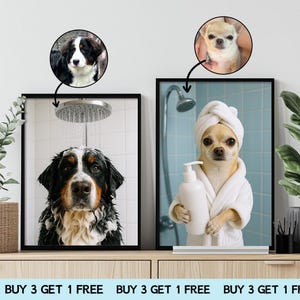 May include: Two framed dog portraits. One shows a Bernese Mountain Dog under a shower, the other a Chihuahua in a bathrobe. The top of each frame has a small circular portrait of each dog. The bottom of the image has the text "BUY 3 GET 1 FREE".