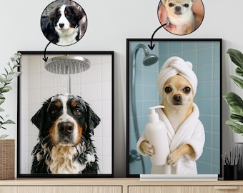 Custom Dog Bathroom Wall Art Funny Pet Portraits in Bath Robes, Shampoo, or Shower Scenes – Personalized Pet Gift for Dog Lovers