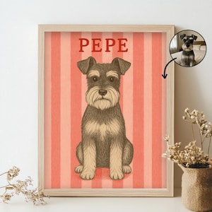 Puede incluir: Impresión enmarcada con una ilustración de un Schnauzer sentado, con el nombre "PEPE" en rojo en la parte superior. El fondo tiene rayas verticales rojas y rosas. Una imagen circular más pequeña del perro está en la esquina superior derecha.