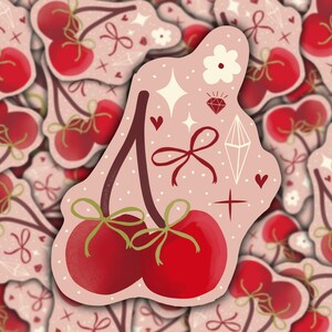 Cherry Bow Sticker - Cute Aesthetic Vinyl Sticker with Bows, Flowers & Stars - Waterproof Decal for Laptop, Water Bottle