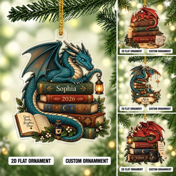Personalized Dragon Book Lover Ornament, Custom Name Fantasy Reader Christmas Ornament, Bookish Dragon Gift, Acrylic Book Lover Ornament