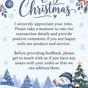 May include: A holiday-themed card featuring the text Merry Christmas and a request for customer feedback. The design includes illustrations of a blue ornament, gold bells with a red bow, a snowman with a blue scarf, and decorated pine trees.