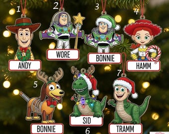 Adorno personalizado de Toy Story, con nombre personalizado, de videojuego clásico, navideño, de acrílico/madera con dibujos animados.