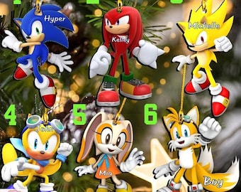 Adorno personalizado de Sonic, Sonic The Hedgehog 2025, Sonic y sus amigos en Navidad, Sonic Tail & Knuckles, Amantes de Sonic 3, Adorno de acrílico/madera
