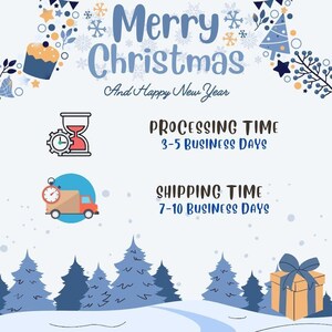 May include: A holiday-themed graphic featuring the text Merry Christmas And Happy New Year, with icons of an hourglass, a delivery truck, and a gift box. The design includes blue pine trees, snowflakes, and festive decorations on a white background.