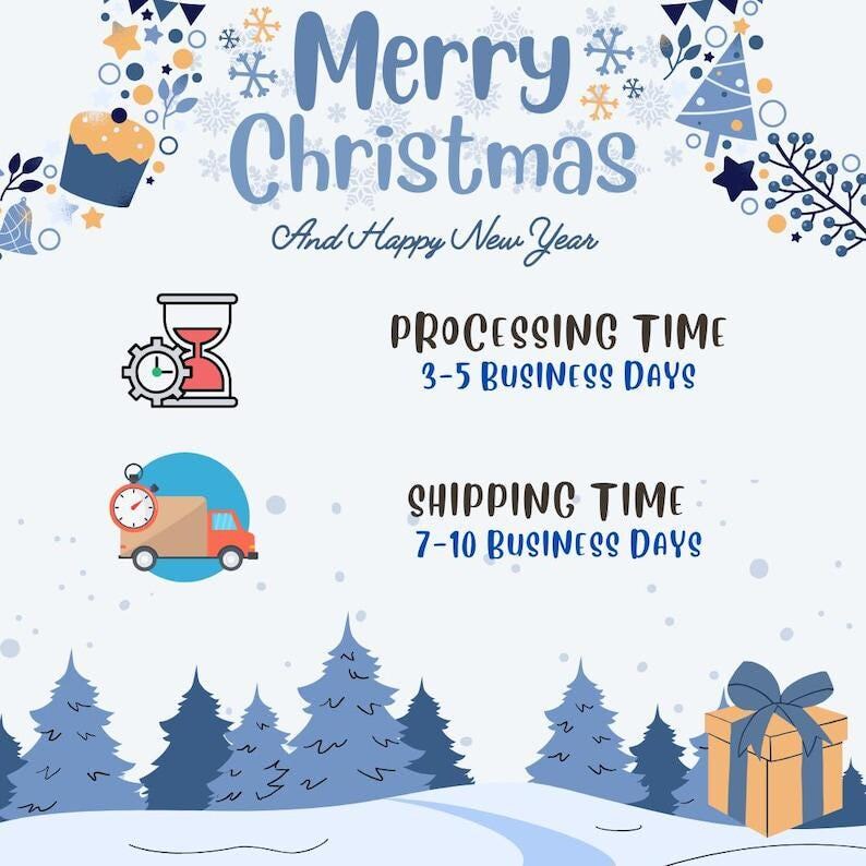 May include: A holiday-themed graphic featuring the text Merry Christmas And Happy New Year, with icons of an hourglass, a delivery truck, and a gift box. The design includes blue pine trees, snowflakes, and festive decorations on a white background.