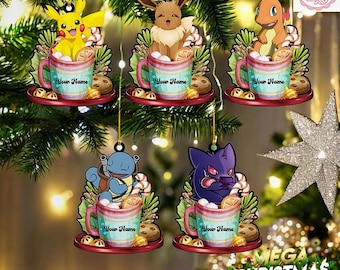 Custom Name Christmas PKM Ornament, Personalized Charmander Ornament, Anime Ornament Decor, Pikachu Acrylic/Wooden Ornament, Holiday Gifts