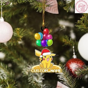 Personalized Pikachu Balloon Christmas Ornament, CustomName Pikachu Santa Hat Christmas Acrylic/Wooden Ornament, Pikachu Christmas Gift Idea