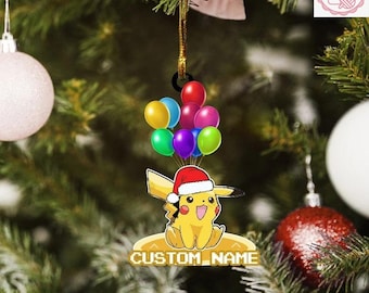 Gepersonaliseerde Pikachu-ballon kerstornament, CustomName Pikachu kerstmuts acryl/houten kerstversiering, kerstcadeau idee Pikachu