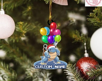 Blastoise Balloon Custom Name Christmas Acrylic/Wooden Ornament, Blastoise Santa Hat 2025 Christmas Ornament, Blastoise Christmas Gift Idea