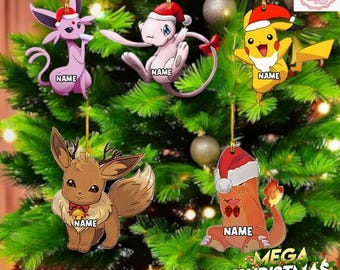 Gepersonaliseerde PKM-kerstornament, Eevee-ornament, aangepast Mew-ornament, Pikachu acryl/houten ornament, Charmander-fancadeaus, Espeon-cadeau