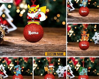 Personalized Christmas PKM Ornament, Pikachu Ornament, Christmas Tree Ornament, Holiday Gift, Custom Charmander Acrylic/Wooden Ornament