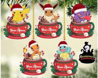 Personalized PKM Christmas Ornament, Charmander Ornament, Custom PKM Character Christmas Ornament, Pikachu Acrylic/Wooden Ornament, PKM Gift
