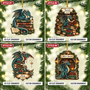May include: Four flat acrylic ornaments featuring blue dragons and stacks of books. Style 1 shows a dragon with a lantern and the name Sophia 2026. Style 2 shows a dragon in a library with the name Noah 2026. Style 3 features a crescent moon, books, and the name Ava 2026. Style 4 shows a dragon in a library with the text Mia's Books 2026.