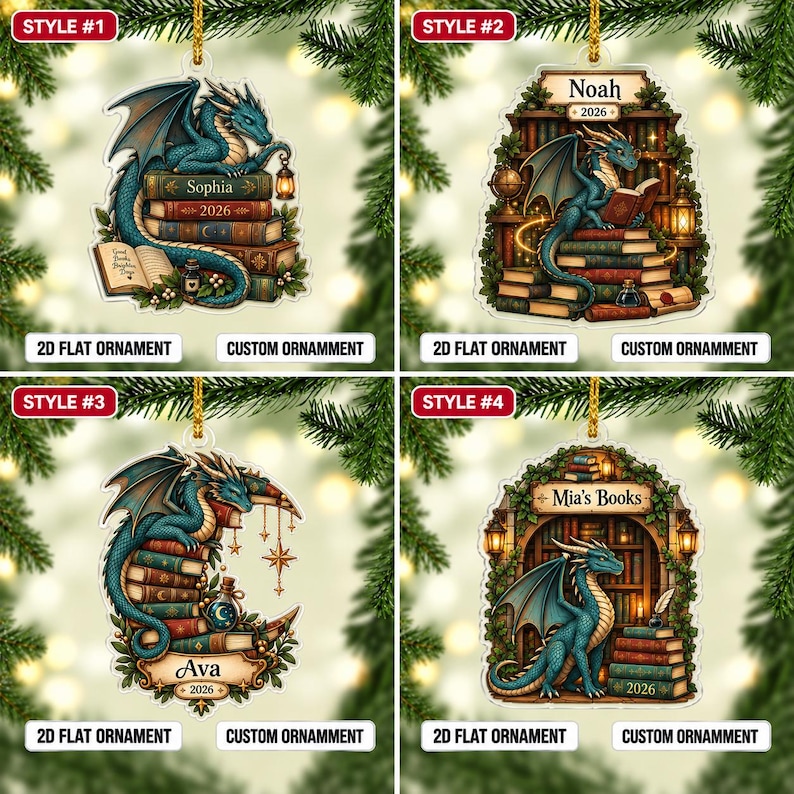 May include: Four flat acrylic ornaments featuring blue dragons and stacks of books. Style 1 shows a dragon with a lantern and the name Sophia 2026. Style 2 shows a dragon in a library with the name Noah 2026. Style 3 features a crescent moon, books, and the name Ava 2026. Style 4 shows a dragon in a library with the text Mia's Books 2026.