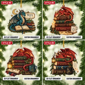 May include: Four 2D flat custom ornaments featuring dragon illustrations. Style 5 shows a blue dragon with a book and the text Henry 2026. Style 6, 7, and 8 depict red dragons resting on stacks of books with various text including Sophia and William.