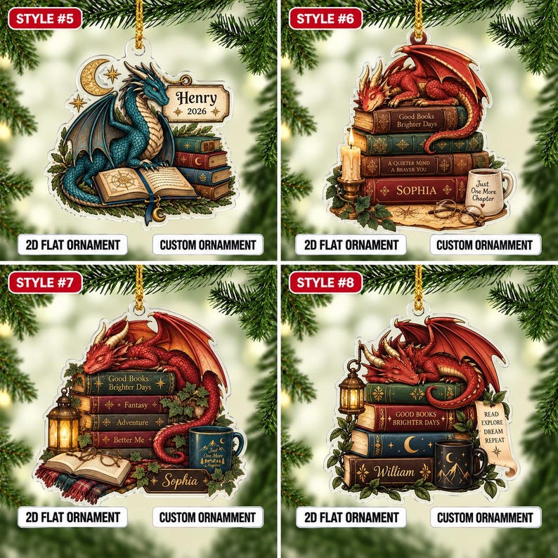 May include: Four 2D flat custom ornaments featuring dragon illustrations. Style 5 shows a blue dragon with a book and the text Henry 2026. Style 6, 7, and 8 depict red dragons resting on stacks of books with various text including Sophia and William.