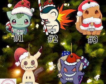 Gepersonaliseerde PKM-kerstornament, Eevee-ornament, aangepaste naam Cyndaquil-ornament, Bulbasaur acryl/houten ornament, Gengar-fancadeaus