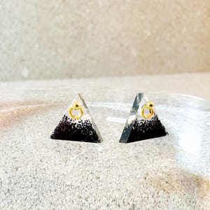 Triangle Resin Stud Earrings – Clear with Black Sand and Gold Accent – Geometric Hypoallergenic Jewelry – Unique Gift for Her