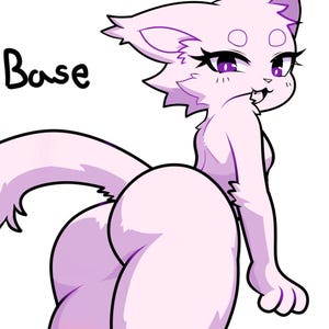 Può includere: Un disegno a linea di un gatto rosa e peloso con una coda grande, rotonda e soffice. Il gatto sta guardando oltre la spalla con un'espressione giocosa. Il gatto ha occhi grandi e rotondi con pupille viola e un piccolo naso rosa.