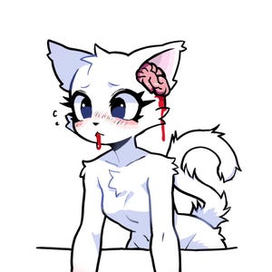 May include: A white cat with a pink ear and a bloody brain sticking out of its head. The cat has a shocked expression on its face and is blushing.