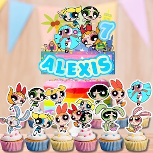 Powerpuff Girls Personalized Cake Cupcake Topper Glitter Shaker LED Lights happy birthday decoration centerpiece Custom party supplies
