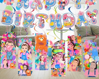 Set Ms Rachel hanging Swirls Table Cover Honeycomb Banner bracelets table happy birthday theme kids centerpiece supplies decoration