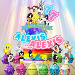 BABY Looney Cartoons Personalized Cake Cupcake Topper Glitter Shaker LED Lights happy birthday decoration centerpiece Custom party supplies