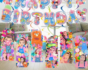 Set Ms Rachel hanging Swirls Table Cover Honeycomb Banner bracelets table happy birthday theme kids centerpiece supplies decoration
