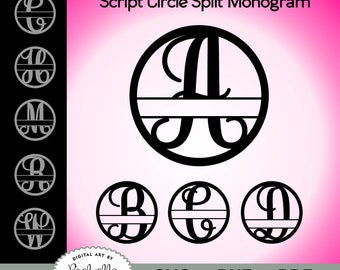 Split Monogram Script Letters with Circle SVG, Split Font A-Z, 26 letters, SVG, DXF, pdf, cut files, vector art, wood cutter, metal cutter