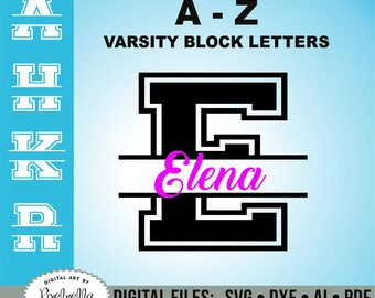 Varsity Block Split Letter Alphabet, Split Font A-Z, 26 letters, SVG, DXF, PDF, cut files, vector art