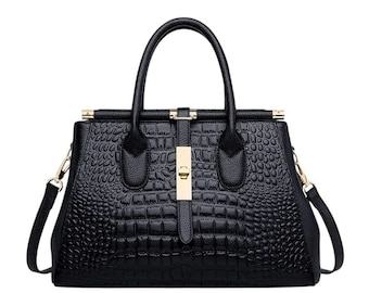 Retro Crocodile Pattern Genuine Leather Tote Bag – Women’s Shoulder Handbag, Vintage Fashion Purse.