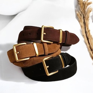 Suede Belt. Minimalist Belt. Women&#39;s Suede Belt. Luxury Suede Cowhide Leather Belt for Women. Vintage Style with Gold Buckle.