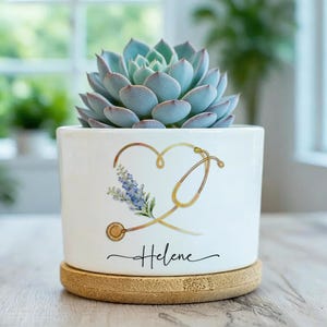 Puede incluir: Una maceta de cerámica blanca con una planta suculenta. La maceta presenta un diseño de estetoscopio dorado en forma de corazón, con detalles florales azules y morados. El nombre "Helene" está escrito debajo. La maceta se apoya en un posavasos redondo de color natural.